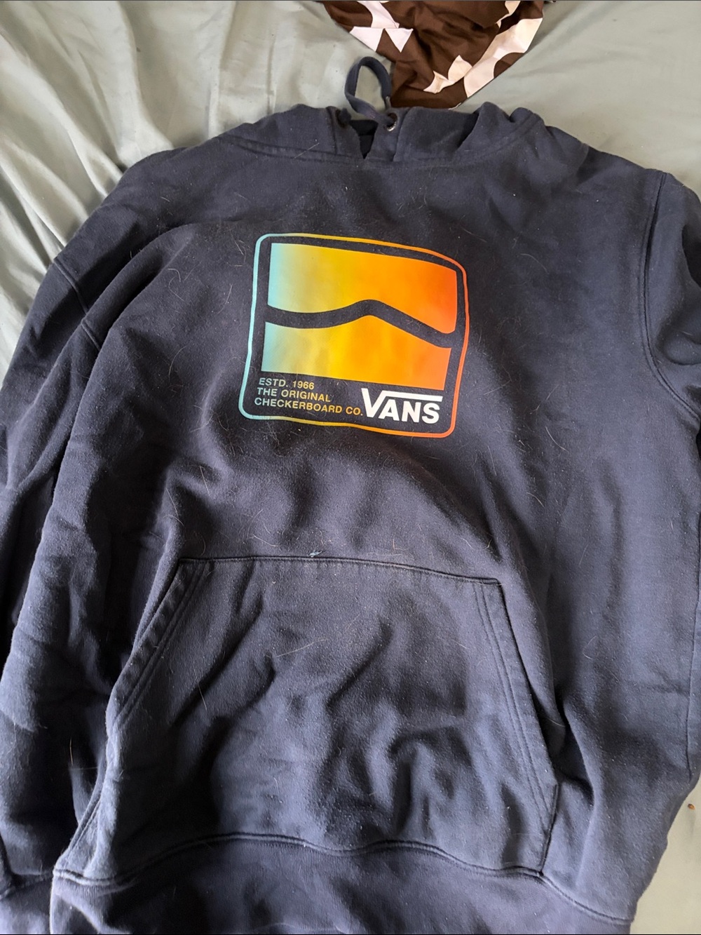 Vans Men's Black Crewneck Hoodie with Orange-Yellow Gradient Logo